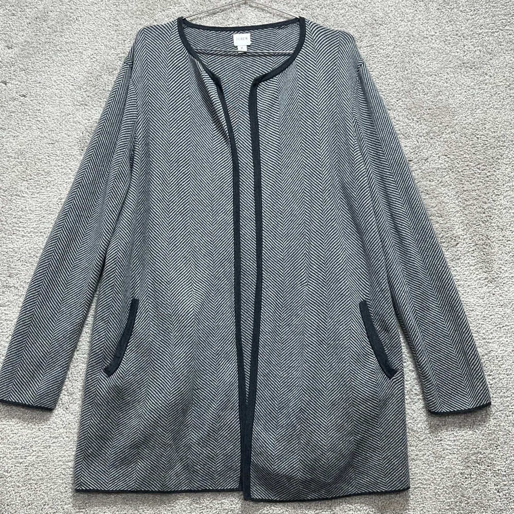 J. Crew Sweater Womens Medium Gray Cardigan Black Geometric Open Coat Pockets